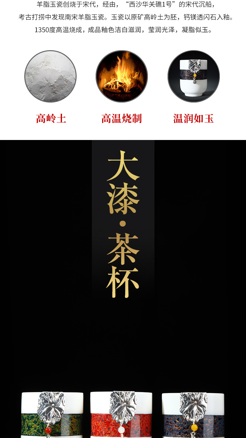 Recreational taste Chinese lacquer tea set with silver 999 dehua white porcelain cups suet jade pure manual master cup Chinese ceramics