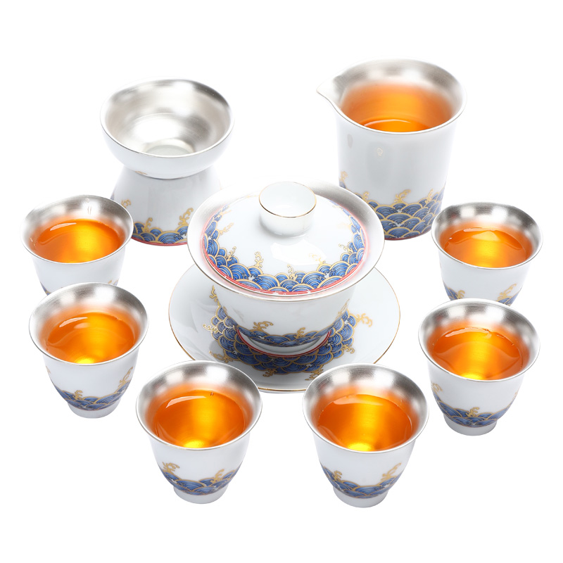 Recreational product ceramic coppering. As silver 999 kung fu tea set tureen teapot small tea cups of a complete set of gift boxes
