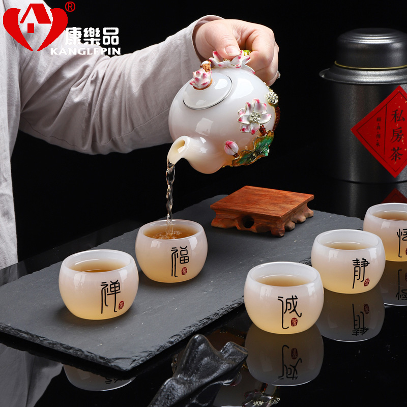 Recreational product gift jade colored enamel porcelain kung fu tea set household white porcelain cup teapot sample tea cup white jade