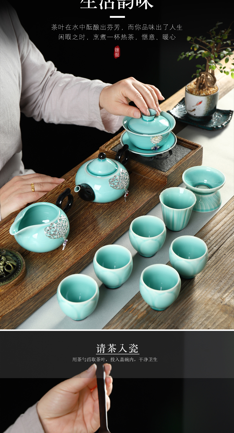 Recreation items with silver agate embedded ceramic tea set suit household kung fu tea sets the whole Chinese tea cups