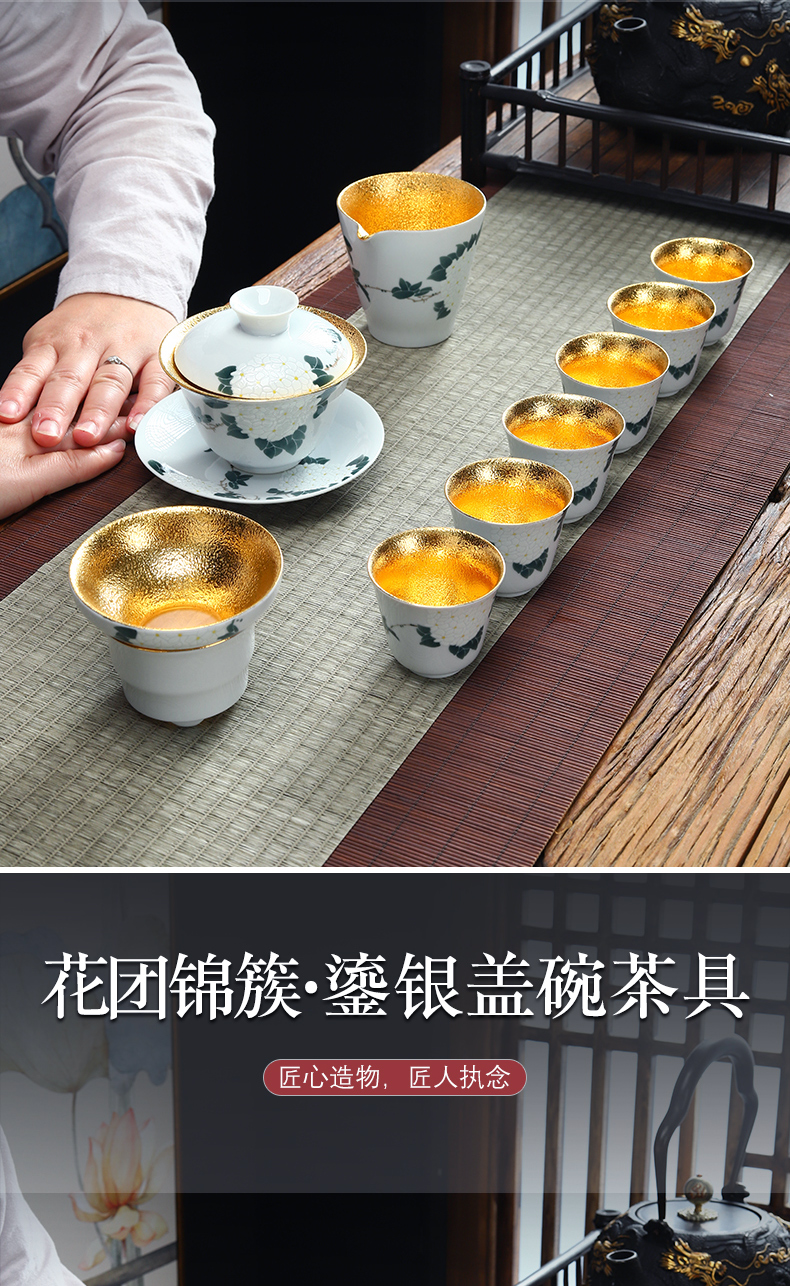 Recreational product kung fu tea set home office coppering. As gold silver 999 white porcelain tureen. A complete set of tea cups