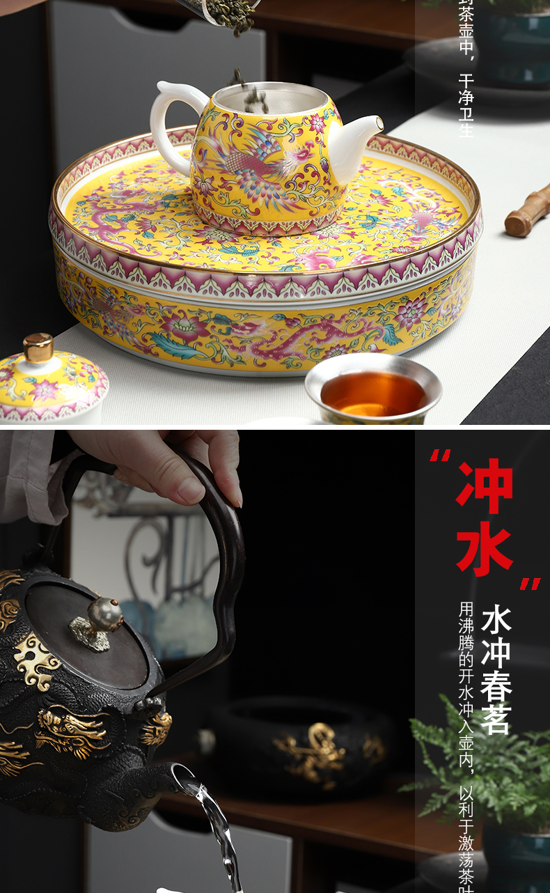 Recreation of kung fu tea tea family tea tray was round ceramic colored enamel coppering. As silver sea 999 dry mercifully tea