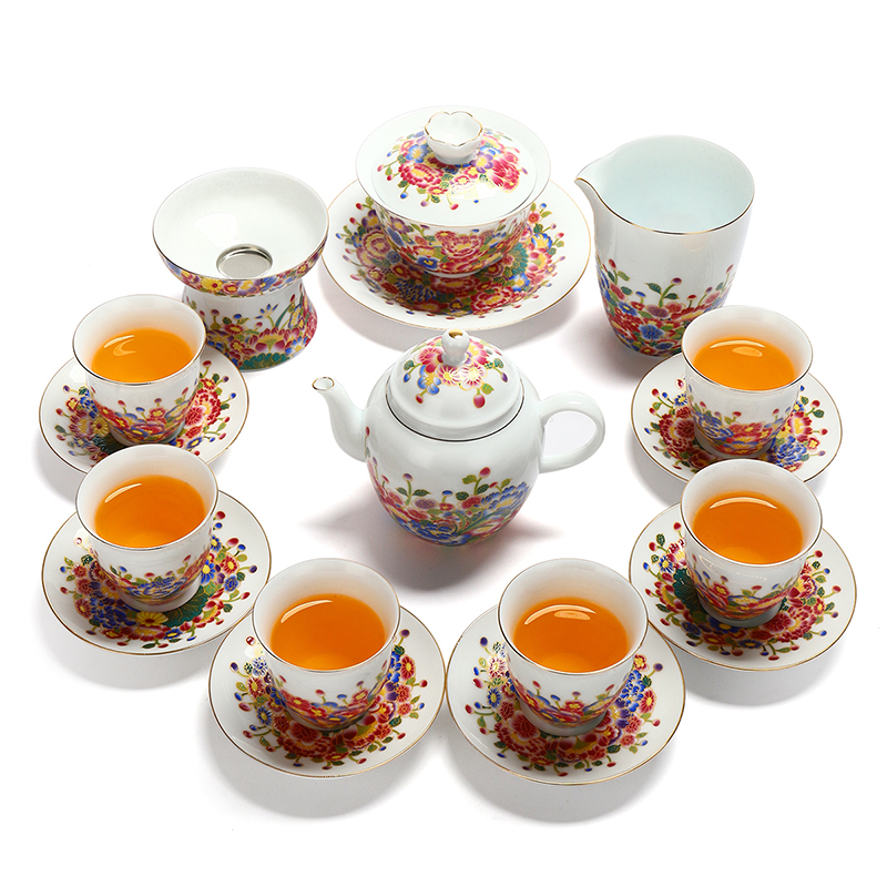 Recreational product ceramic butterfly flower tureen tea set colored enamel teapot teacup tea bowl of blue and white porcelain tea set