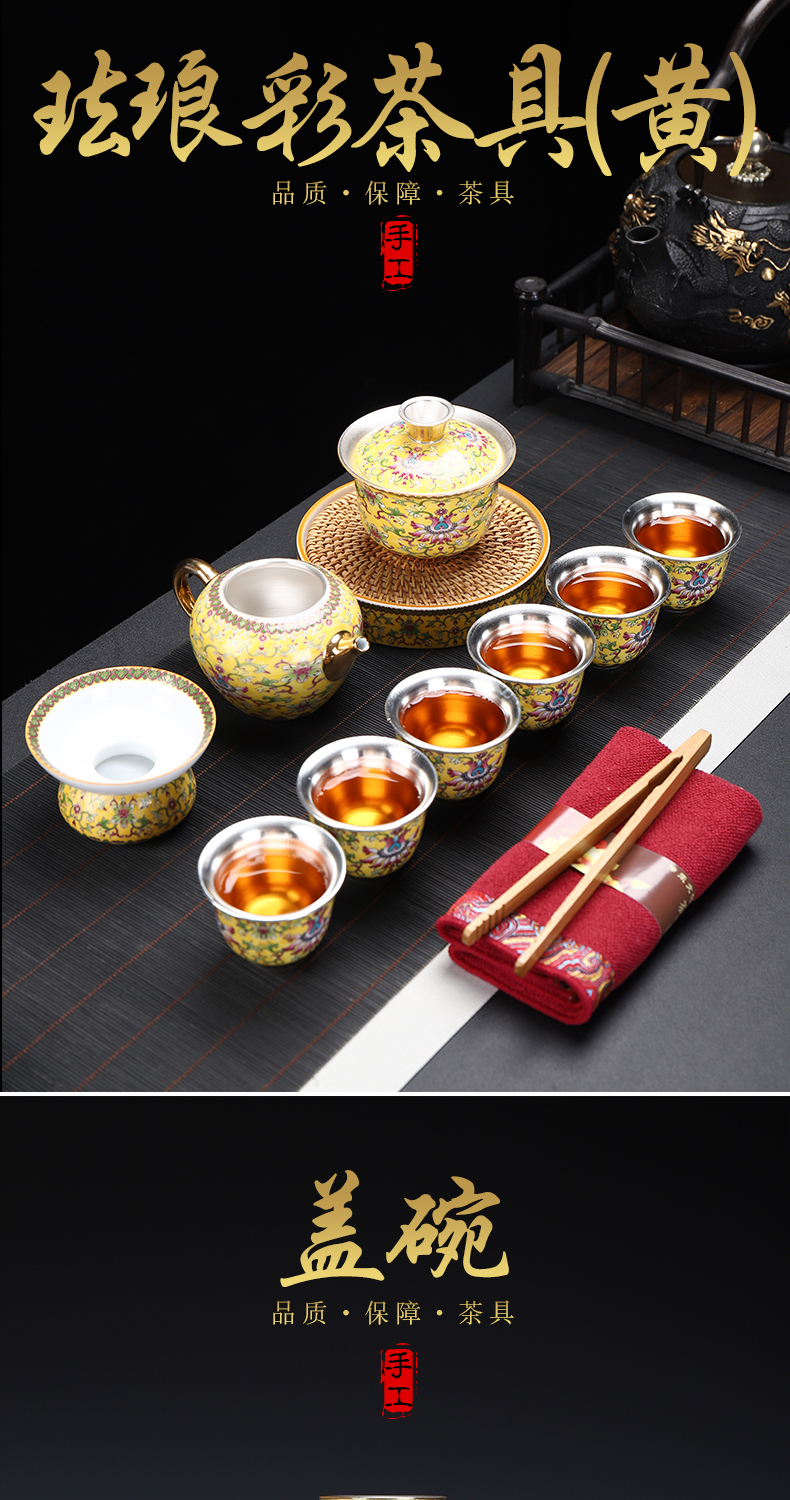 Recreational product silver clasp porcelain kung fu tea set silver colored enamel coppering. As ceramic household tureen tea pot bearing sample tea cup