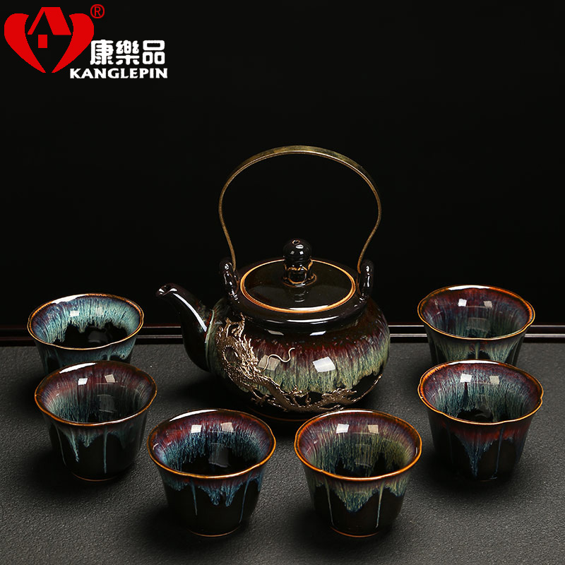 Recreational product obsidian change to build a complete set of ceramic Japanese kung fu lamp with fine gold girder pot of tea sets tea cup red glaze