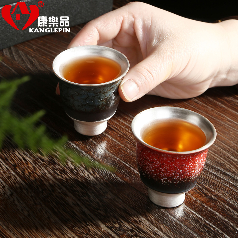 Recreational product kung fu tea set 999 silver tea silver cups ceramic masters cup by hand with silver tea sample tea cup
