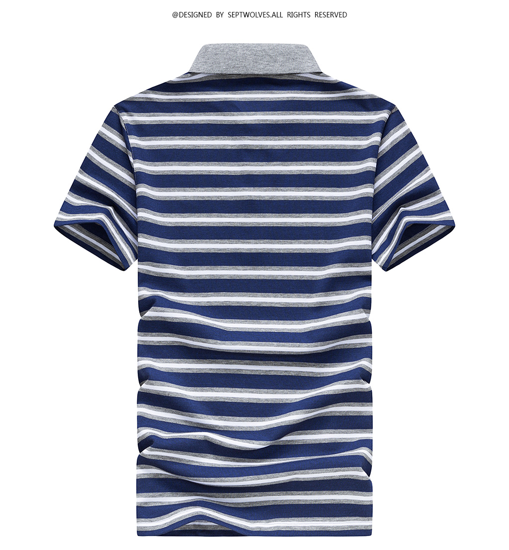 Bảy con sói áo thun ngắn tay nam Màu xanh trung niên vạt áo thời trang sọc POLO Áo sơ mi cotton nam Mercerized Quần áo mùa hè Sản phẩm mới áo polo