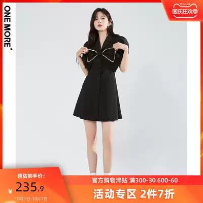 ONE MORE2021 summer new bow lapel dress black little black dress shirt dress waist