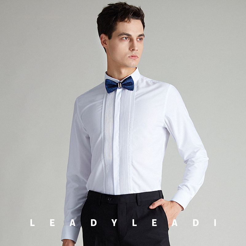Liqi men's white shirt slim fit handsome groom wedding dress white banquet crease long sleeve shirt inch dress