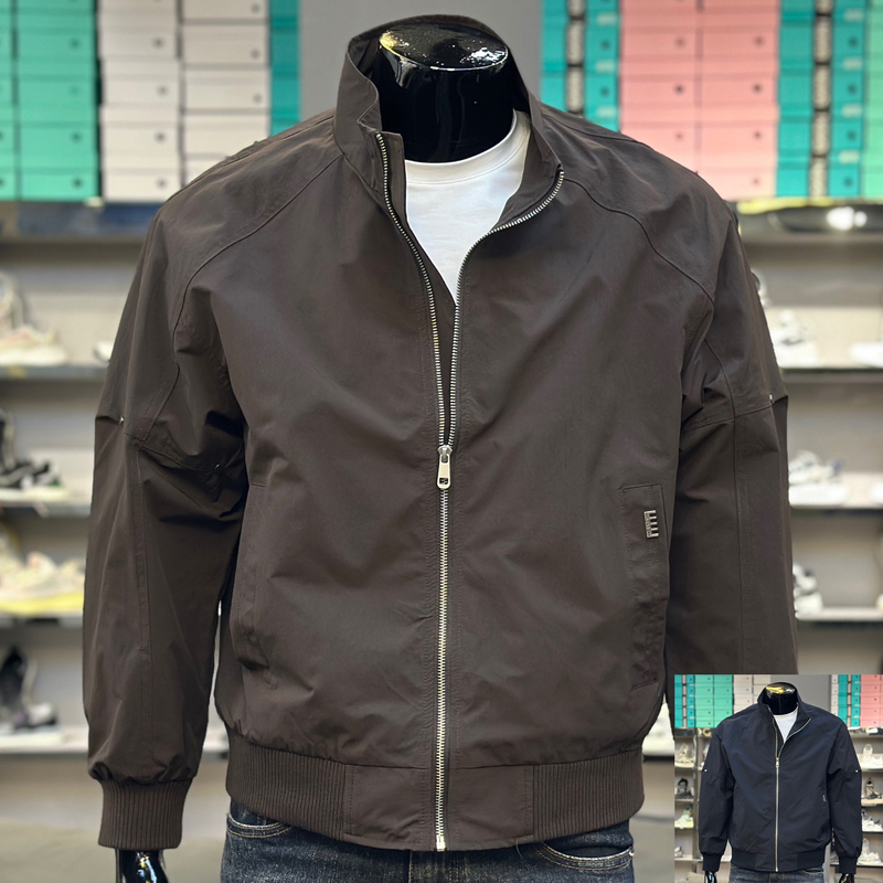 Outdoor Windproof Slim-Fit Jacket, Black Simple Men's Workwear, Black Youth Stand-Up Collar, Drop Shoulder, Loose-Fit Coat, Trendy Men's Jacket