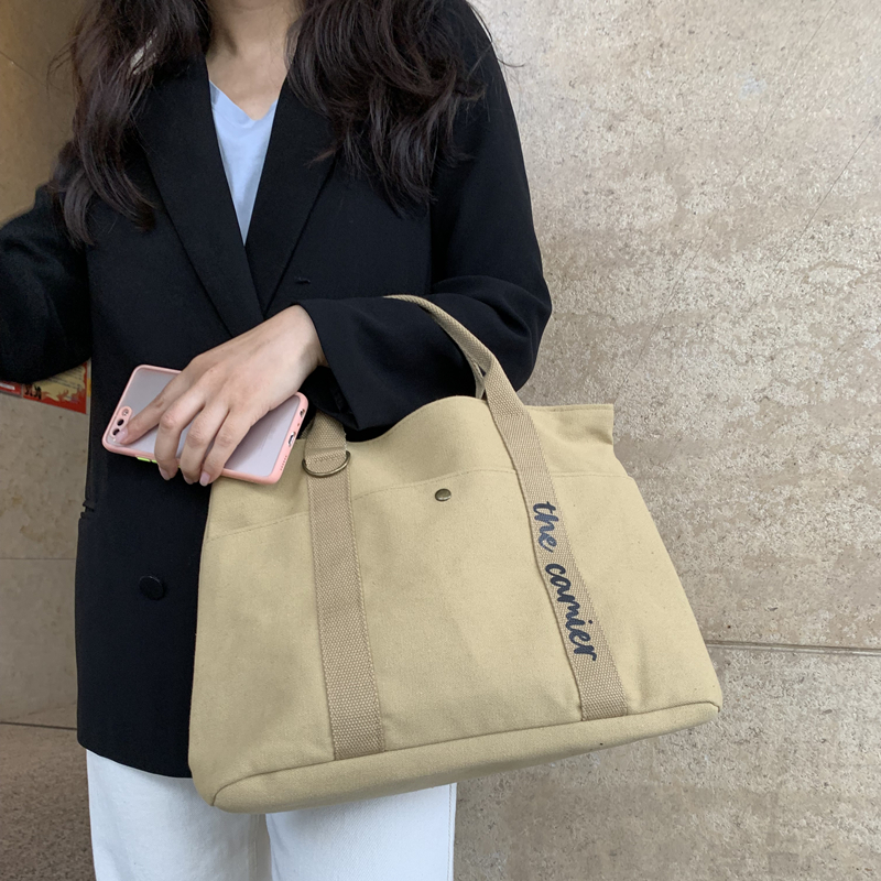 Original Japanese canvas bag women's large-capacity notebook tote bag tote bag one-shoulder office worker zipper Messenger
