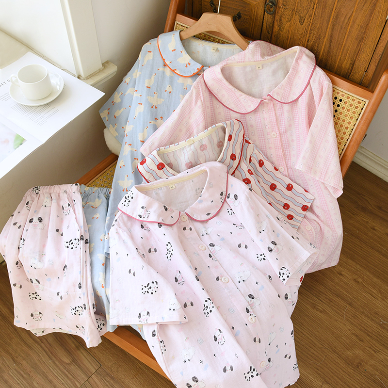 2025 New Pajamas for Women, Spring and Summer Style, Pure Cotton Double-Layer Gauze, Cute Cartoon Print, Home Wear Set, Can Be Worn Outside