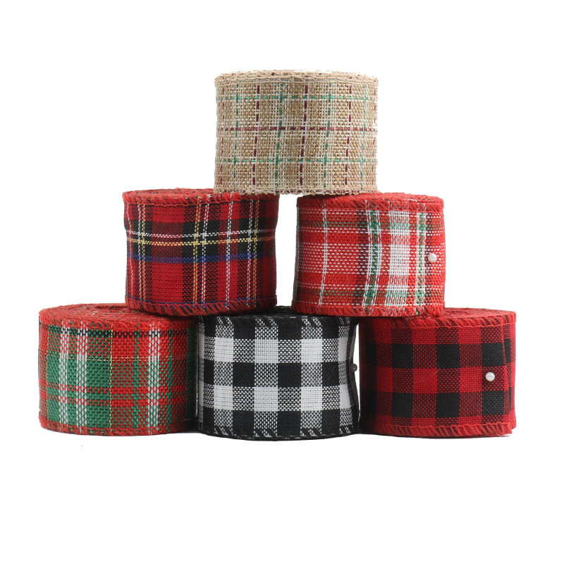 ribbon imitation hemp Christmas belt black and white red green plaid accessories silk with 6 m wire grid with decoration