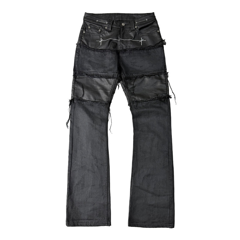 H76W* High-Waisted Dark Waxed Leather Patchwork Deconstructed Street Style High-End Straight-Leg Stacked Jeans for Men and Women