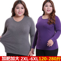 Autumn and winter round collar V lead long sleeve T-shirt female extra-large code 200 catty MM pure color plus fattening with bottom autumn clothes blouse