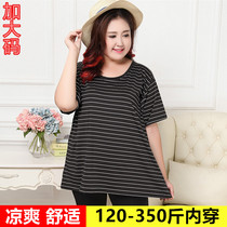 Extra-large code striped short sleeve T-shirt woman fit summer 300 catty MM200 catfight bottom half sleeve shirt loose and compassionate blouse