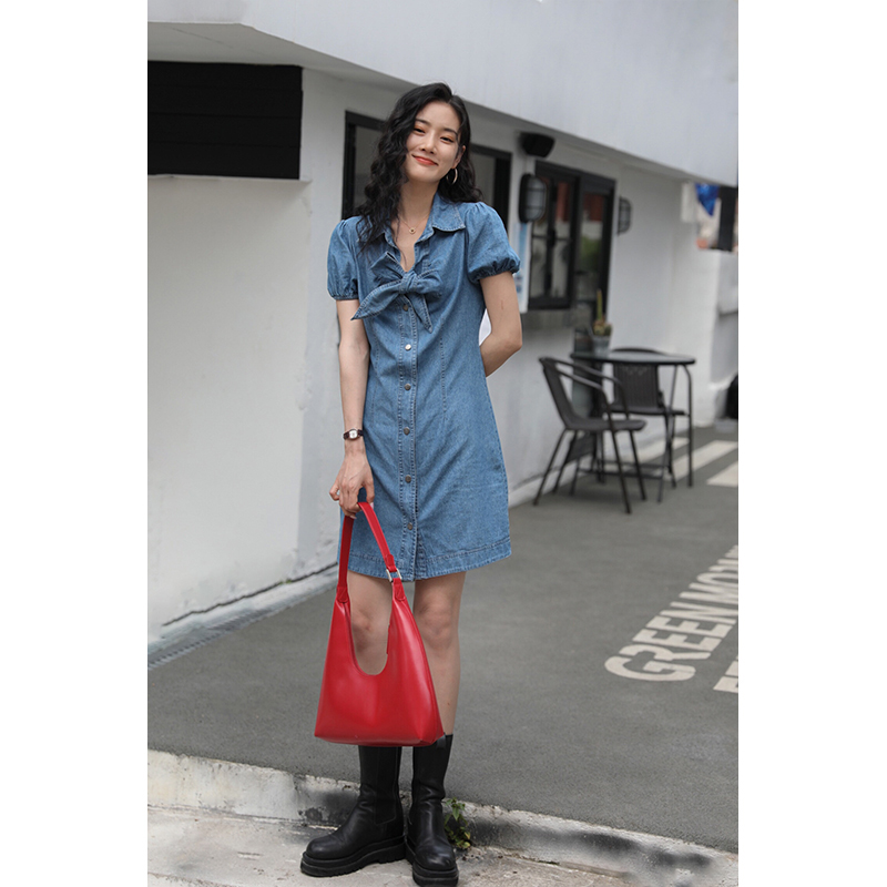 French vintage bow denim dress Women's summer small waist slim bubble short sleeve medium and long skirt