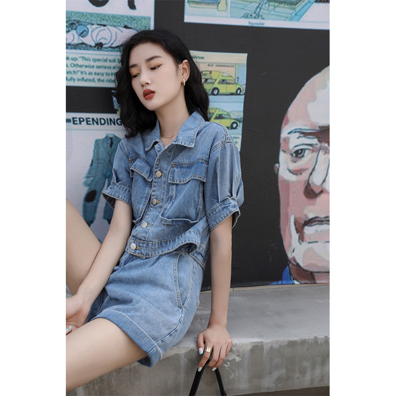 And lane summer short denim suit Women's high waist thin Hong Kong style jumpsuit Frock wide leg shorts jumpsuit
