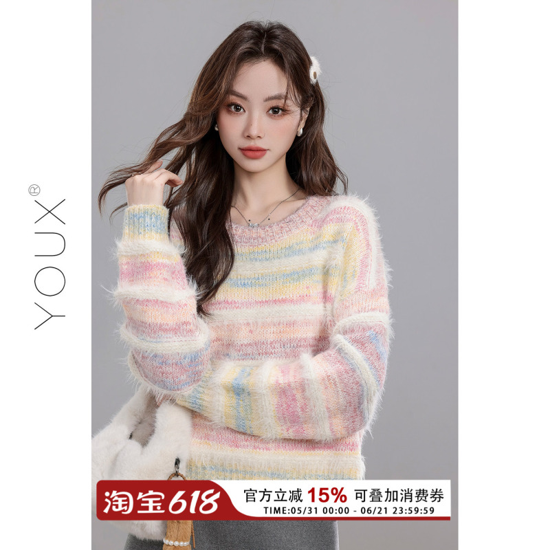 Youxiang [Neon Town] Pink Sweater 2025 Winter New Style Lazy Loose Striped Mohair Top for Women