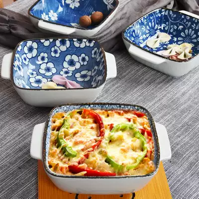 Japanese-style binaural ceramic baking bowl oven baking belt Bowl home steamed egg bowl microwave heating bowl with handle