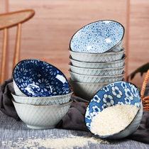Jingdezhen Japanese style and style 5 inch eating bowl 6-10 combination set household ceramic blue and white porcelain rice bowl