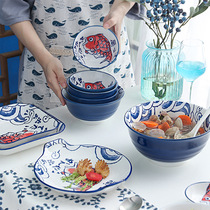 Day Style Cartoon Cutlery Composition Green Flower ceramic rice bowls Noodles Bowl soup bowls Home Dish Suit Plate Bowls Chopsticks