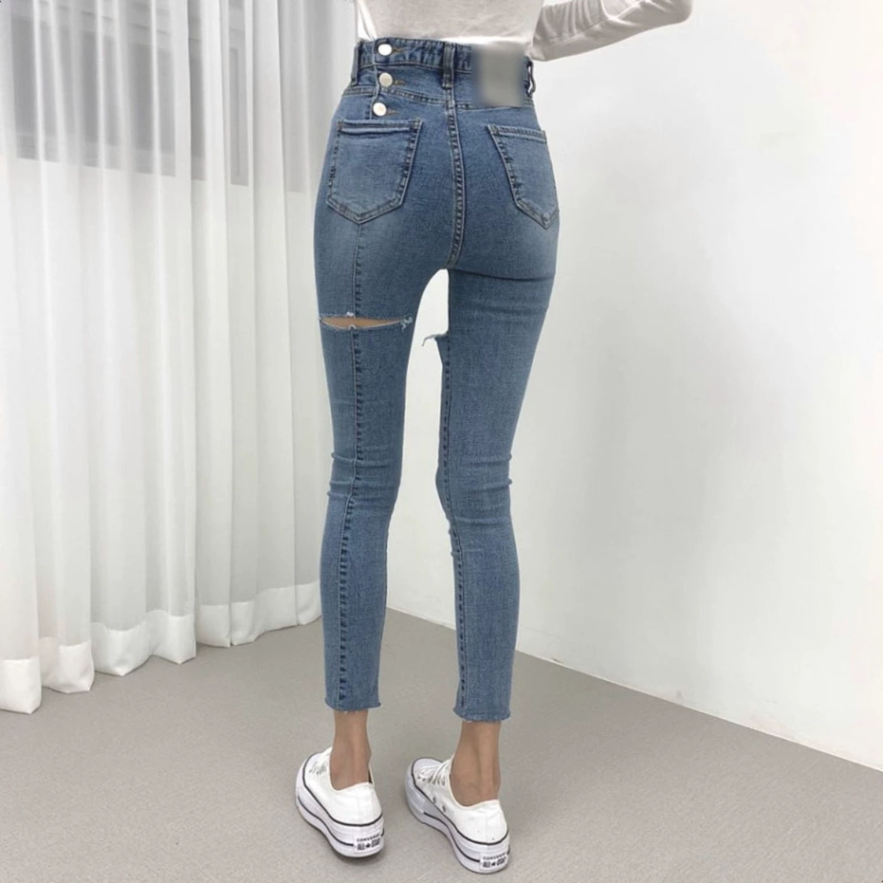 zara jeans Fashion Elastic High Waist Jeans Women's 2022 Summer Hot Sale Korean Cropped Hole Back Button Casual Pants Woman Clothes Xs Size american eagle jeans