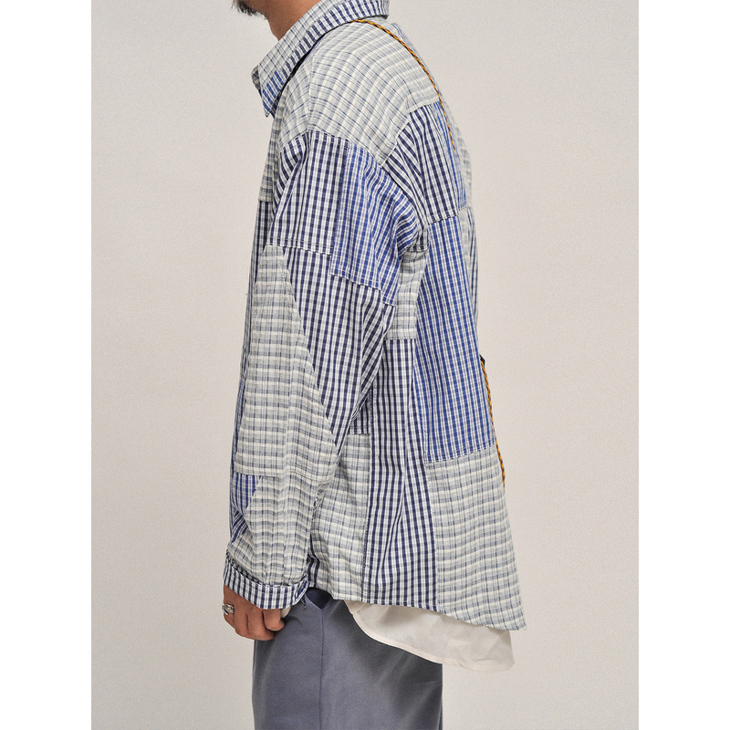 New Vintage Deconstructed Patchwork! Lazy Retro Style Faux Two-Piece Oversized Long-Sleeve Casual Plaid Shirt Trend