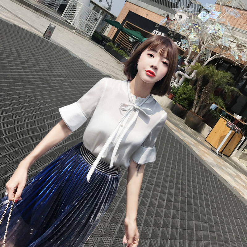 2022 spring and summer new chiffon shirt loose short-sleeved all-match bowknot lady white shirt MZ RCYW82510
