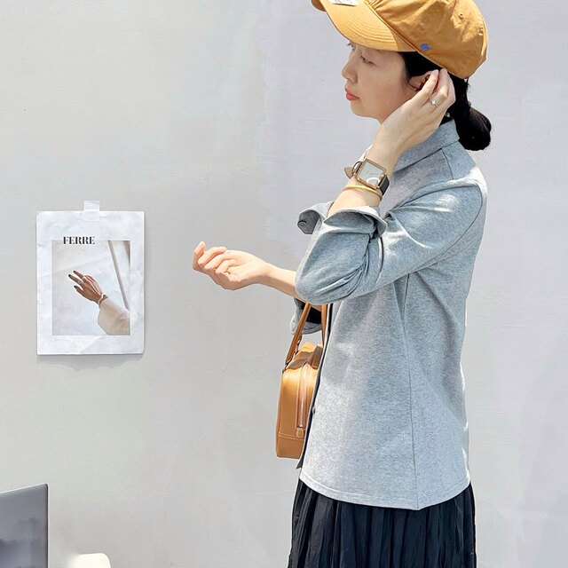 Japanese Order Autumn and Winter New Product Simple Classic Japanese Style Solid Color Square Neck Knitted Pure Cotton Women's Shirt Long-Sleeved T-Shirt