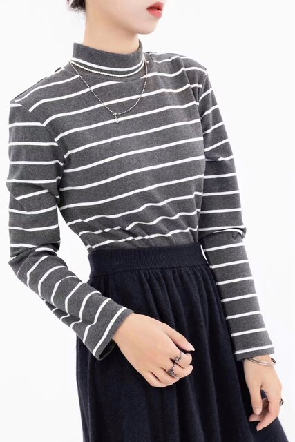 Japanese Order Autumn and Winter Simple Versatile High-Neck Striped Solid Color Stretchy Slim-Fit Women's T-Shirt Base Knit
