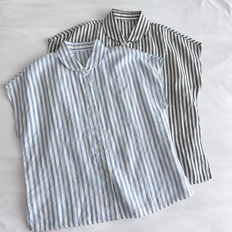 Japanese Order, Japanese Style, Simple Retro Doll Collar, Vertical Stripe Linen Women's Short-Sleeve Shirt, Sleeveless Vest Japanese Order, Japanese Style, Simple Retro Doll Collar, Vertical Stripe Linen Women's Short-Sleeve Shirt, Sleeveless Vest