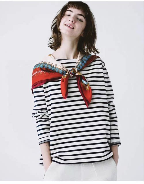 Japanese Trendy Brand Autumn and Winter New Product Japanese Classic Retro Striped Embroidered Women's Casual Long-Sleeved T-Shirt Orcival