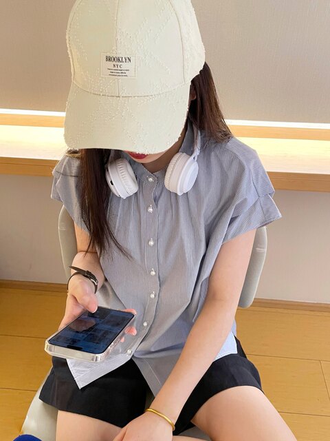 Japanese Order Spring/Summer Striped Collarless Pearl Button Pleated Loose High-Density Oxford Fabric Women's Shirt Sleeveless Blouse