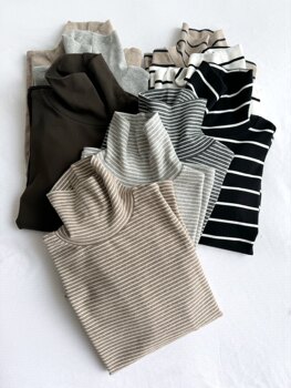 Japanese Order Autumn and Winter Simple Versatile Striped Solid Color High-Neck Slim Fit Stretchy Women's T-Shirt Base Layer