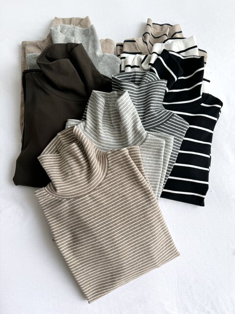 Japanese Order Autumn and Winter Simple Versatile Striped Solid Color High-Neck Slim Fit Stretchy Women's T-Shirt Base Layer