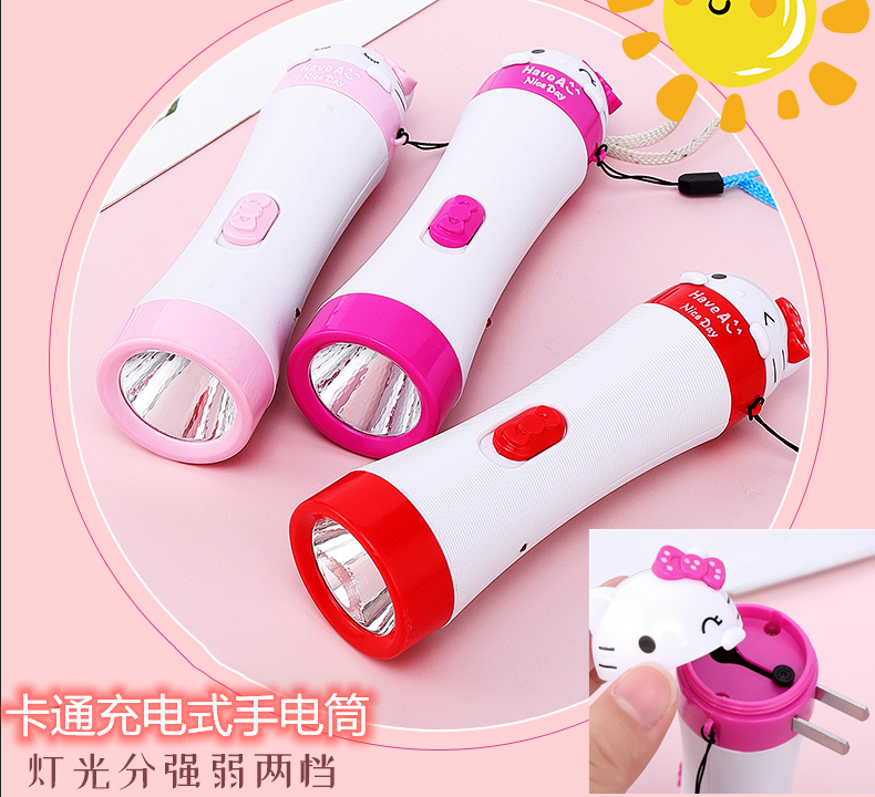 Rechargeable LED cartoon cute home outdoor strong light Portable durable pink girls children flashlight