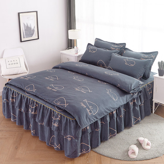 ins Wind Bedspread Bed Skirt Four-Piece Set, Pure Cotton, Internet-Famous Single/Double Duvet Cover, Non-Slip, Dustproof Bedding Set4