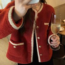 Red small fragrant jacket for women 2023 new fur one-piece design niche top autumn and winter new thickening