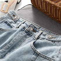 Big woman Hong Kong style Dad pants street shot private clothes Super flash diamond buckle old washed high-waisted jeans women