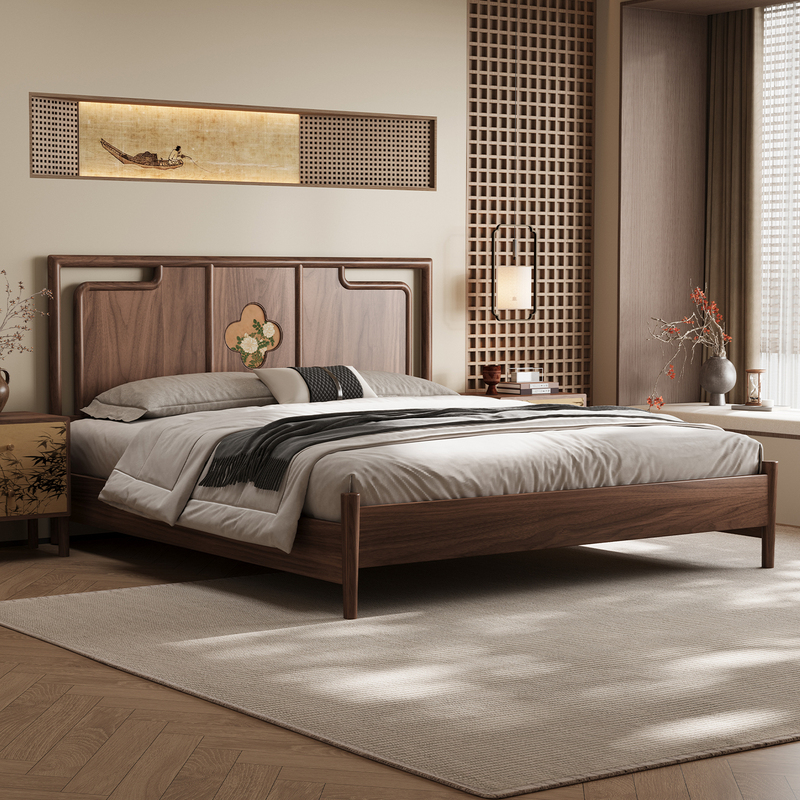 New Chinese-Style Black Walnut Double Bed 2026 New Model Master Bedroom 1.8m All Solid Wood Wedding Bed Song-Style Aesthetic Furniture