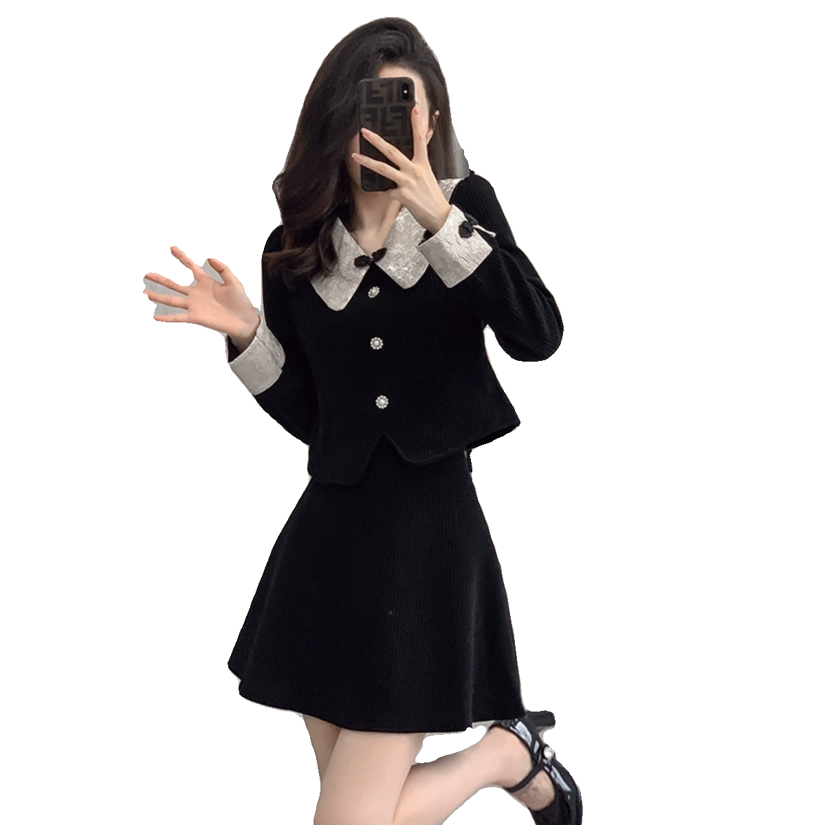 Elite black set, winter corduroy skirt, Chanel style, for teenagers, high-quality style