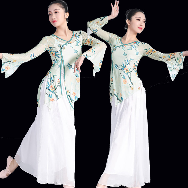 New Classical Dance Folk Dance Body Rhyme Clothing for women's art exam Flutter Horn Sleeve Printed Blouse Short