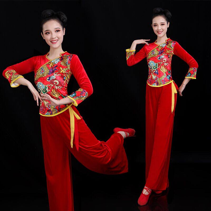 2021 new seedlings song costumes to serve female adults middle aged gold velvet waist drum clothes fan dance square dance costumes