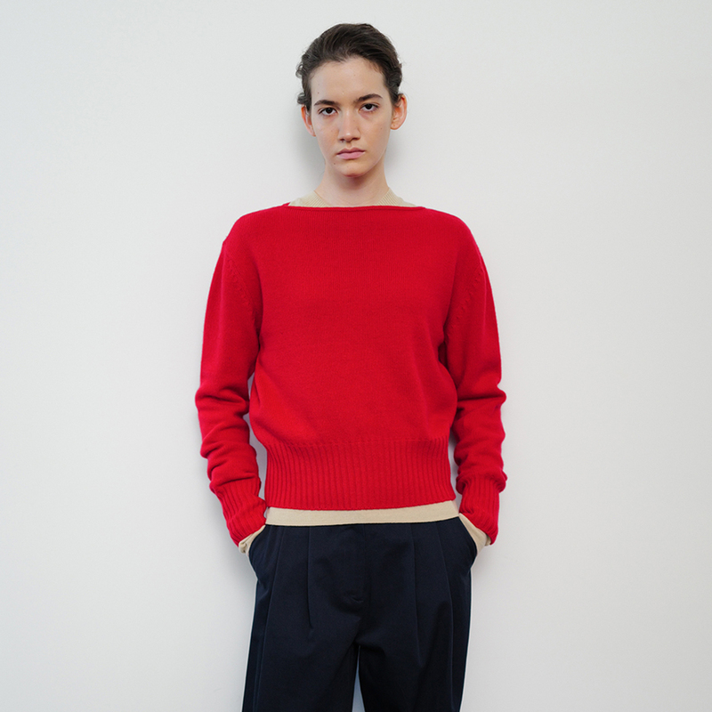 Moondal One-Line Collar Knit Sweater for Women, Early Spring Korean Style Red Loose Simple Boat Neck Sweater Top