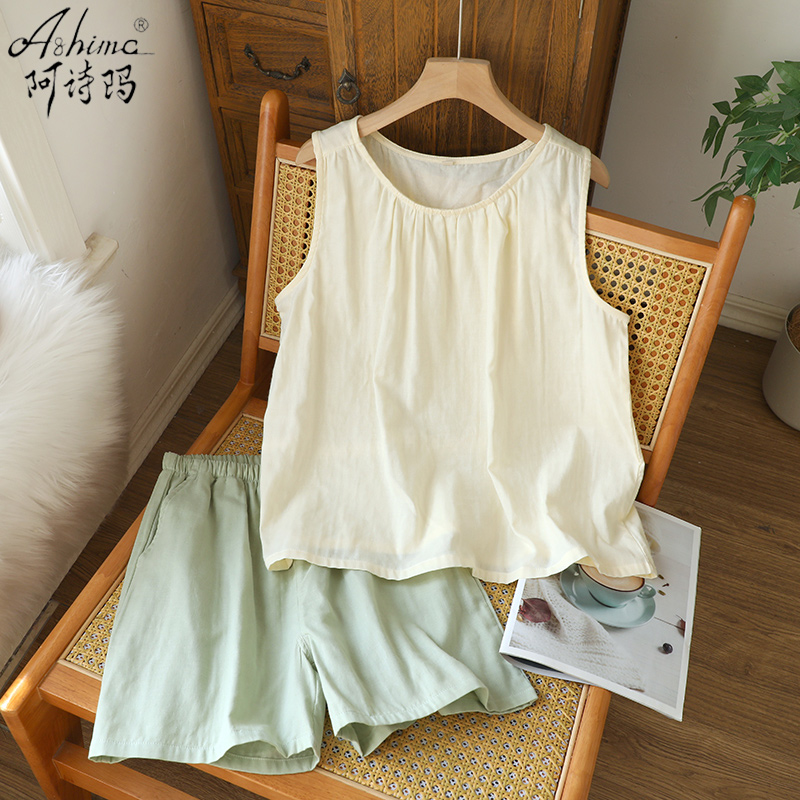 女性用二層純綿ガーゼパジャマ、夏薄手和風サスペンダーノースリーブベストショーツ、純綿とリネンのホームウェア