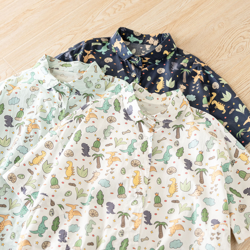 Cartoon Dinosaur Print Lapel Short-Sleeve Shirt for Women 2026 Summer New Japanese Style Loose Casual Versatile Top Trendy