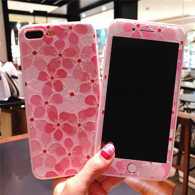 Cherry Blossom iphone6sp Fullscreen Steel Membrane Suit Cartoon X Mobile Phone Protection Shell Cute 8plus Soft Side Glass Color Film 7