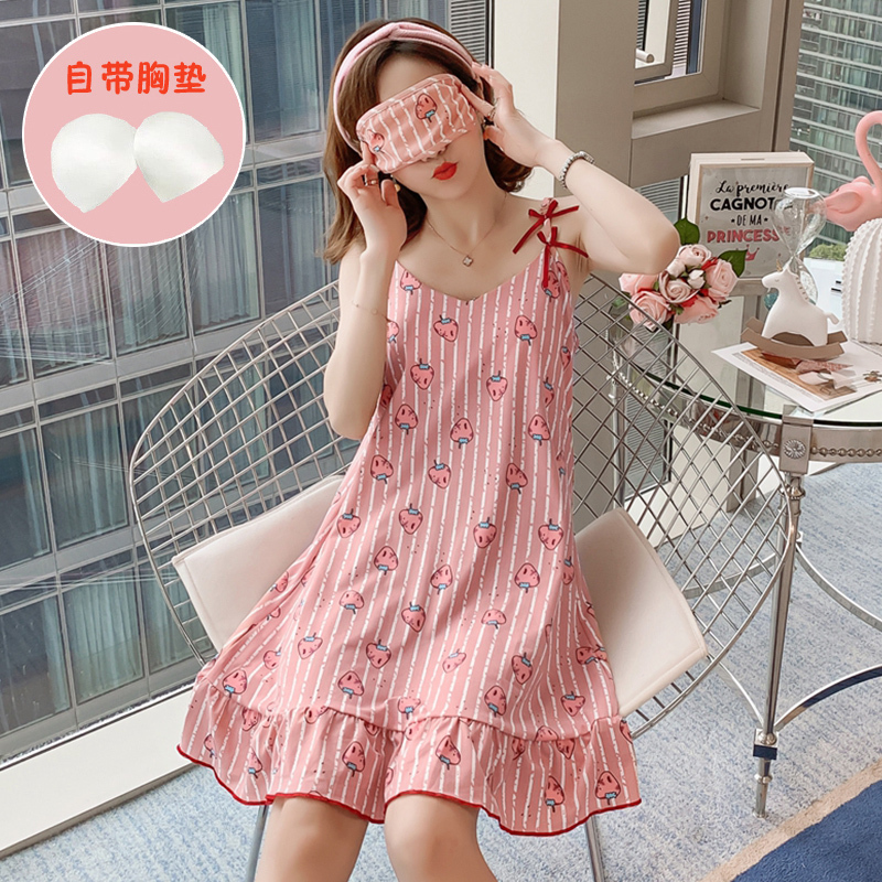 Pajamas with Breast Pads for Women, Summer Mid-Length Suspender Skirt, Pajamas for Women, Cartoon Cute Strawberry New Style Pure Cotton Home Clothes