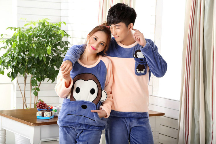 Mùa thu và mùa đông dày flannel vài bộ đồ ngủ Phiên bản Hàn Quốc của phim hoạt hình nam nữ san hô phù hợp với dịch vụ nhà bộ mặc nhà trung niên